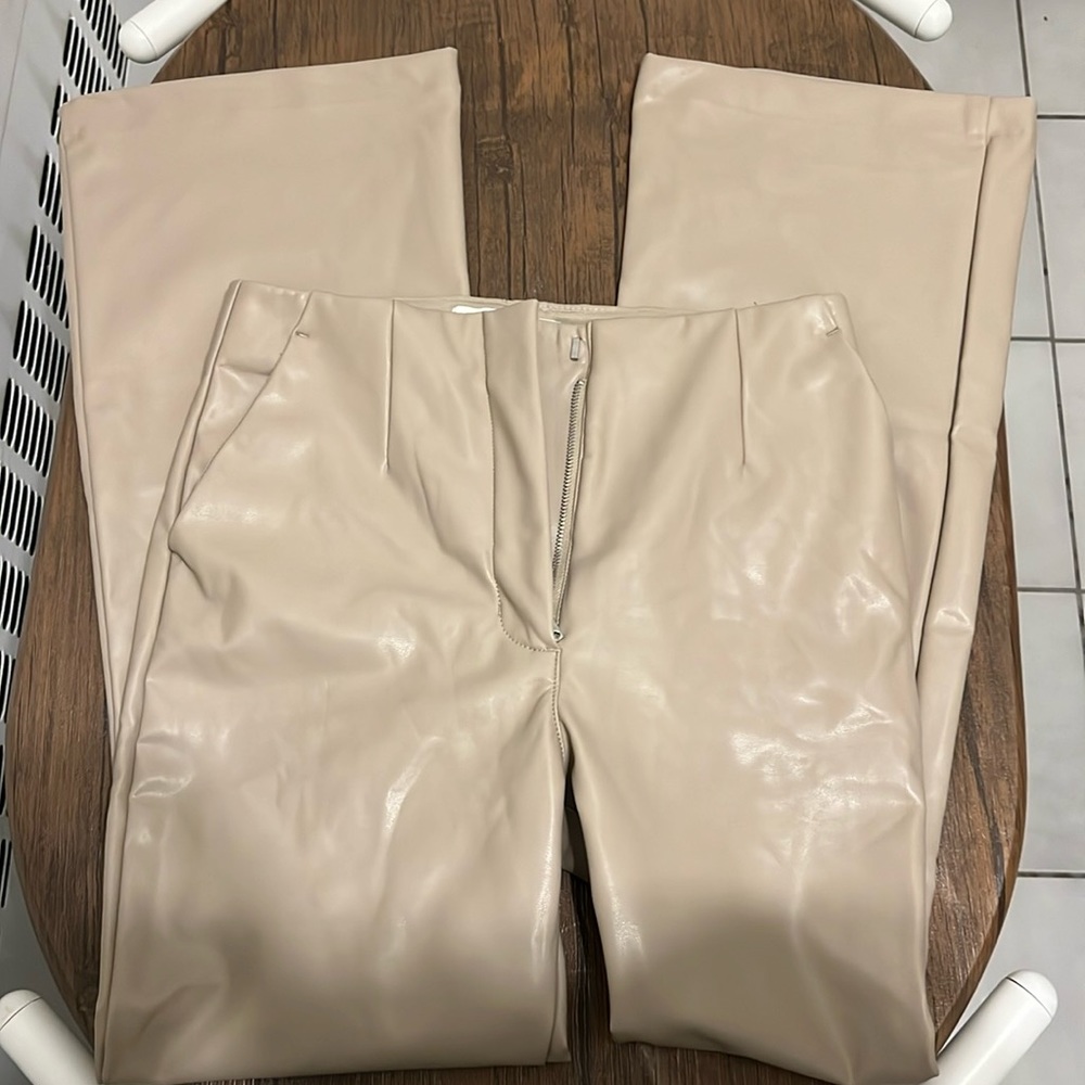 Tan vegan leather flared pants